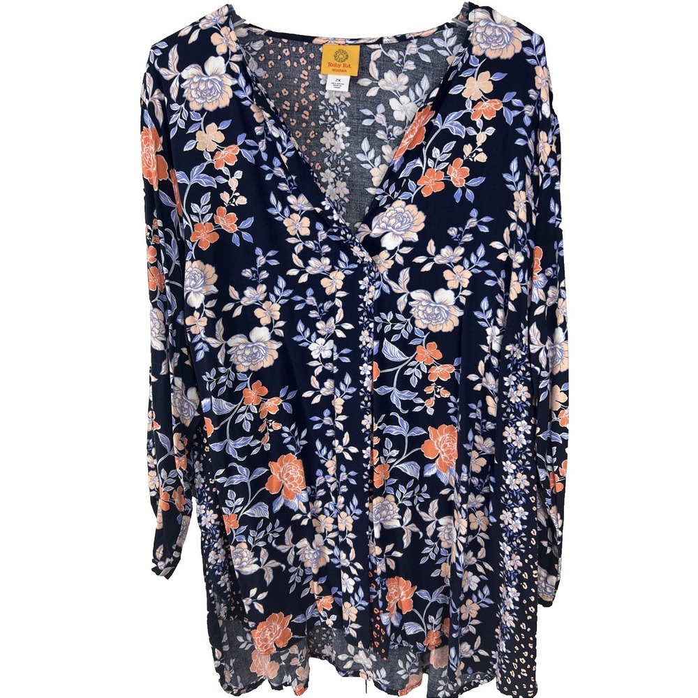 Ruby Rd. Women's Top Plus Size 2X Floral Tunic 100% Rayon V-Neck 3/4 Sleeve D28‎